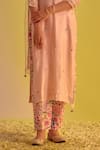 Label Mansi Nagdev_Pink Chanderi Printed Floral V Neck Rumi Embroidered Booti Kurta Trouser Set _Online_at_Aza_Fashions