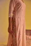 Label Mansi Nagdev_Pink Chanderi Printed Floral V Neck Rumi Embroidered Booti Kurta Trouser Set _at_Aza_Fashions