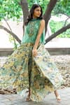 Shop_Nikita Vishakha_Green Organza Embroidery Round Neck Sheer Cape With Floral Pattern Gown _at_Aza_Fashions