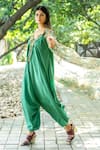 Nikita Vishakha_Green Net, Silk Embroidery V-neck Jumpsuit With Floral Pattern Cape _Online_at_Aza_Fashions