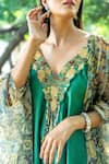Shop_Nikita Vishakha_Green Net, Silk Embroidery V-neck Jumpsuit With Floral Pattern Cape _Online_at_Aza_Fashions