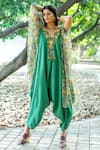 Nikita Vishakha_Green Net, Silk Embroidery V-neck Jumpsuit With Floral Pattern Cape _at_Aza_Fashions
