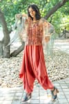 Buy_Nikita Vishakha_Orange Net Floral Jumpsuit V-neck Draped With Pattern Cape _Online_at_Aza_Fashions