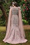 BAYA_Pink Organza Embroidered Sequin V Neck Floral Embellished Gown With Belt _Online_at_Aza_Fashions