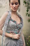 Shop_BAYA_Grey Organza Embroidered Sequin Sweetheart Draped Skirt Corset Blouse Set _at_Aza_Fashions