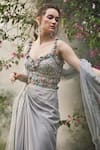 Shop_BAYA_Grey Organza Embroidered Sequin Sweetheart Draped Skirt Corset Blouse Set _Online_at_Aza_Fashions