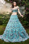 Buy_BAYA_Blue Organza Embroidered Pearl Off-shoulder 3d Floral Lehenga Set _at_Aza_Fashions