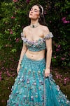 Shop_BAYA_Blue Organza Embroidered Pearl Off-shoulder 3d Floral Lehenga Set _at_Aza_Fashions