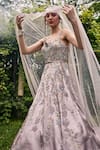 Buy_BAYA_Grey Satin Embroidered Cutdana Sweetheart Corseted Embellished Gown With Veil _at_Aza_Fashions