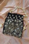 Buy_Feza Bags_Black Swarovski Regal Velveteen Floral Embroidered Potli _Online_at_Aza_Fashions
