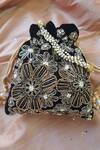 Feza Bags_Black Swarovski Regal Velveteen Floral Embroidered Potli _at_Aza_Fashions