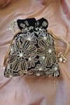 Shop_Feza Bags_Black Swarovski Regal Velveteen Floral Embroidered Potli _at_Aza_Fashions