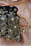 Buy_Feza Bags_Black Swarovski Regal Velveteen Floral Embroidered Potli 