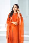 Almaari By Pooja Patel_Orange Chanderi Sequins Round Neck Placement Aari Embroidered Anarkali Pant Set _Online_at_Aza_Fashions