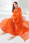 Buy_Almaari By Pooja Patel_Orange Chanderi Sequins Round Neck Placement Aari Embroidered Anarkali Pant Set _Online_at_Aza_Fashions