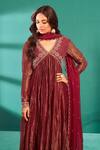Almaari By Pooja Patel_Red Chanderi, Tissue, Silk Embroidery V-neck Pita Aari Anarkali Pant Set _Online_at_Aza_Fashions
