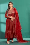 Buy_Almaari By Pooja Patel_Red Chanderi, Silk Pearls, Placement Antique Pita Aari Anarkali Set _at_Aza_Fashions