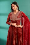 Buy_Almaari By Pooja Patel_Red Chanderi, Silk Pearls, Placement Antique Pita Aari Anarkali Set _Online_at_Aza_Fashions