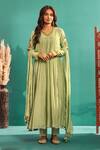 Buy_Almaari By Pooja Patel_Green Chanderi Sequins, Applique Split V-neck Aari Embroidered Anarkali Pant Set _at_Aza_Fashions