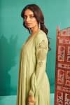 Almaari By Pooja Patel_Green Chanderi Sequins, Applique Split V-neck Aari Embroidered Anarkali Pant Set _Online_at_Aza_Fashions
