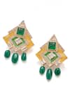 Shop_Aulerth X JJ Valaya_Green Crystals, Stones Rumeli Angular Earrings _at_Aza_Fashions