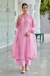 Charu Makkar_Pink Cotton Chanderi Embroidered Floral Notched Suit Palazzo Set _Online_at_Aza_Fashions