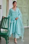 Buy_Charu Makkar_Blue Chanderi Silk Embroidered Floral V Neck Asymmetric Suit Palazzo Set_at_Aza_Fashions