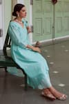 Shop_Charu Makkar_Blue Chanderi Silk Embroidered Floral V Neck Asymmetric Suit Palazzo Set_Online_at_Aza_Fashions