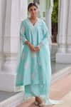 Buy_Charu Makkar_Blue Chanderi Silk Embroidered Floral V Neck Kurta Palazzo Set_at_Aza_Fashions
