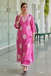 Buy_Charu Makkar_Fuchsia Cotton Chanderi Embroidered Floral V Neck Kurta And Palazzo Set _at_Aza_Fashions