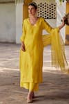 Buy_Charu Makkar_Yellow Chanderi Silk Embroidered Floral Straight Kurta Palazzo Set _at_Aza_Fashions