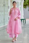 Buy_Charu Makkar_Pink Cotton Chanderi Embroidered Floral Notched Kurta And Palazzo Set _at_Aza_Fashions