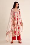 Roze_Red Chanderi, Organza Embroidery Round Neck Mehak Blossom Print Kurta Pant Set _Online_at_Aza_Fashions