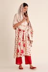 Buy_Roze_Red Chanderi, Organza Embroidery Round Neck Mehak Blossom Print Kurta Pant Set _Online_at_Aza_Fashions