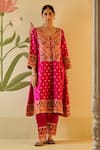 Angad Singh_Pink Silk Embroidered Appliques V Neck Floral Choga Pant Set_Online_at_Aza_Fashions