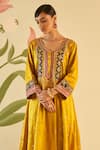 Angad Singh_Yellow Silk Embroidered Appliques V Neck Choga Pant Set_Online_at_Aza_Fashions