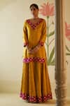 Angad Singh_Yellow Satin Silk Embroidered Floral V Neck Resham Kurta Sharara Set _Online_at_Aza_Fashions