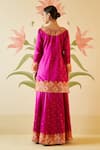 Shop_Angad Singh_Pink Satin Silk Embroidered Floral V Neck Applique Gota Patti Kurta Sharara Set_at_Aza_Fashions