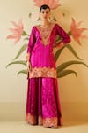 Angad Singh_Pink Satin Silk Embroidered Floral V Neck Applique Gota Patti Kurta Sharara Set_Online_at_Aza_Fashions