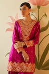 Shop_Angad Singh_Pink Satin Silk Embroidered Floral V Neck Applique Gota Patti Kurta Sharara Set_Online_at_Aza_Fashions