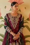 Buy_Angad Singh_Wine Silk Embroidered Floral Round Gota Patti Anarkali Set_Online_at_Aza_Fashions