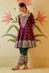 Angad Singh_Wine Silk Embroidered Floral Round Gota Patti Anarkali Set_at_Aza_Fashions