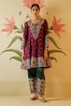 Buy_Angad Singh_Wine Silk Embroidered Floral Round Gota Patti Anarkali Set
