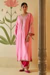 Angad Singh_Pink Satin Silk Embroidery Mirror V Neck Placket Kurta With Pant_Online_at_Aza_Fashions