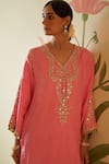 Shop_Angad Singh_Pink Satin Silk Embroidery Mirror V Neck Placket Kurta With Pant_Online_at_Aza_Fashions