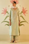 Buy_Angad Singh_Green Tissue Embroidery Floral V Neck Zardozi Kurta Pant Set _at_Aza_Fashions