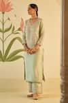 Angad Singh_Green Tissue Embroidery Floral V Neck Zardozi Kurta Pant Set _at_Aza_Fashions