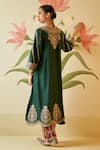 Shop_Angad Singh_Green Silk Embroidery Rose Gold Zari Round Neck Floral Thread Kurta Pant Set_at_Aza_Fashions