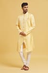 Buy_Aryavir Malhotra_Yellow Sherwani Banarasi Jacquard Woven Floral With Churidar _at_Aza_Fashions