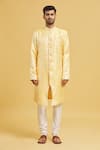 Aryavir Malhotra_Yellow Sherwani Banarasi Jacquard Woven Floral With Churidar _Online_at_Aza_Fashions